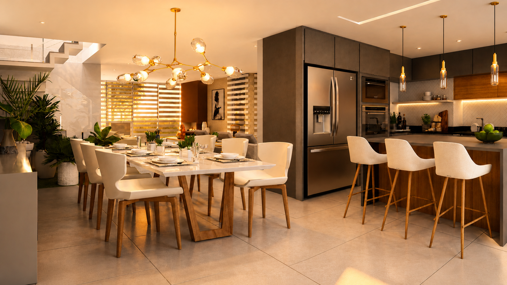 Sala de jantar de alto padrão com iluminação sofisticada